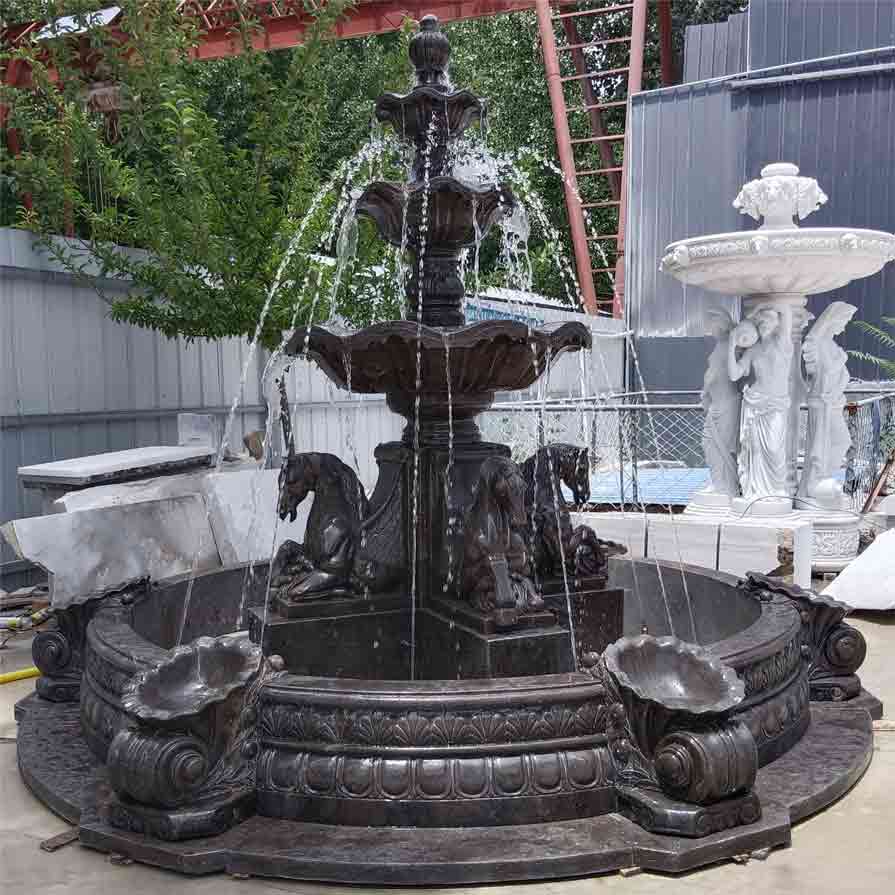 Three stone horse fountain sculptures: large outdoor multi-layered flower pond design with lights