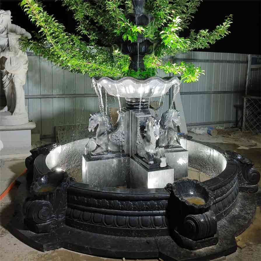 Three stone horse fountain sculptures: large outdoor multi-layered flower pond design with lights