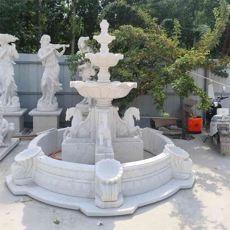 Three stone horse fountain sculptures: large outdoor multi-layered flower pond design with lights