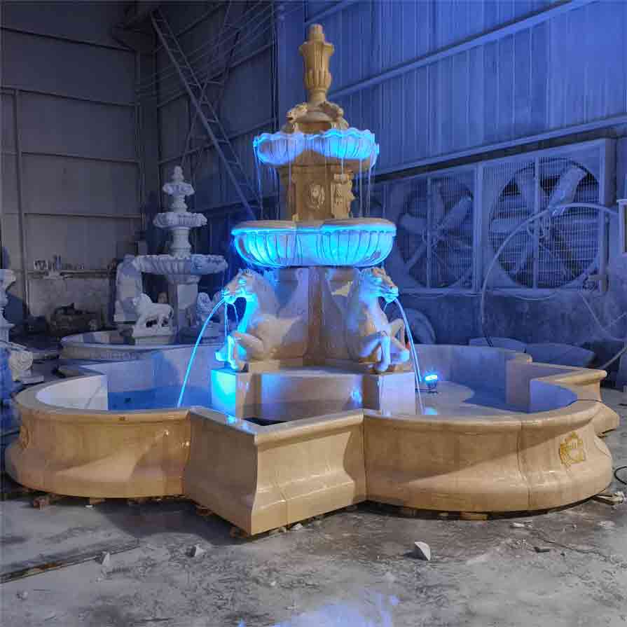 Three stone horse fountain sculptures: large outdoor multi-layered flower pond design with lights