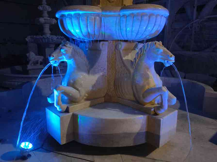 Three stone horse fountain sculptures: large outdoor multi-layered flower pond design with lights