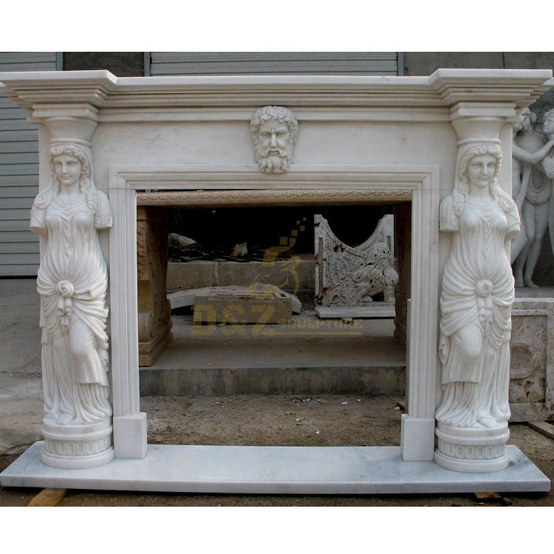 Classic Marble Carving Fireplace Mantel with Lady Statue For Sale