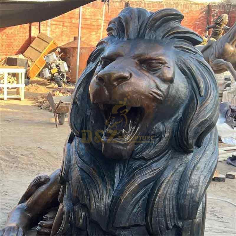 Pair of life-size bronze roaring reclining lion statues for sale DZ-413