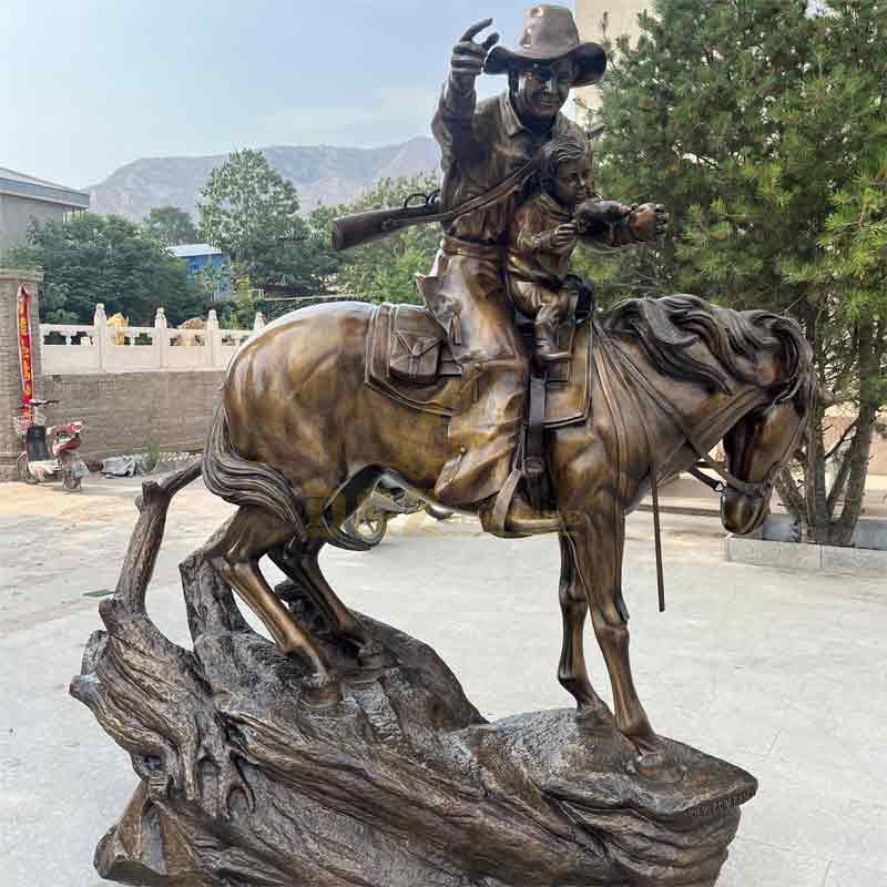 Western Classic Life Size Bronze Cowboy Horse Riding Statue Father and Son for Sale