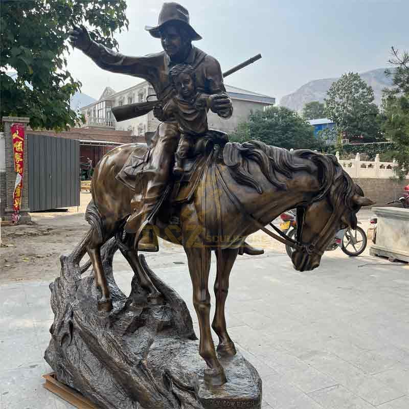 Western Classic Life Size Bronze Cowboy Horse Riding Statue Father and Son for Sale