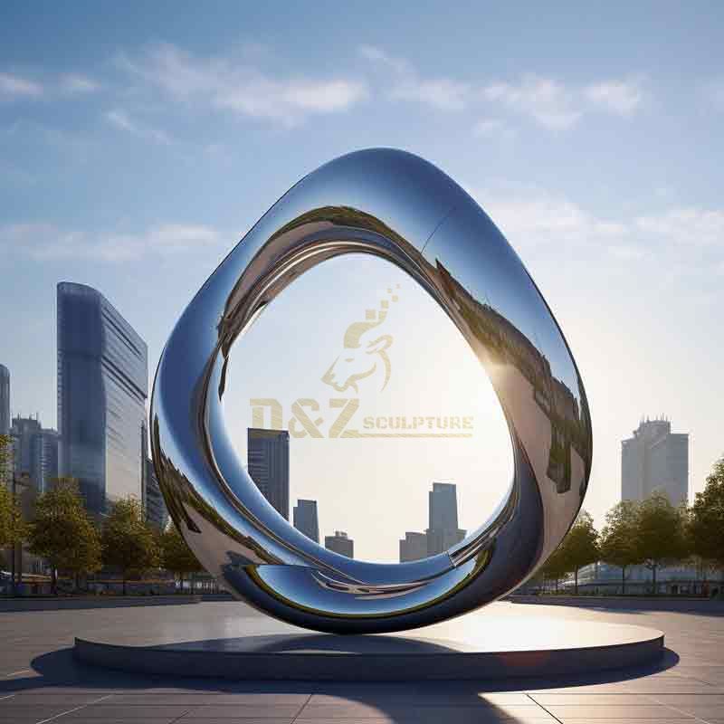 Large outdoor mirrored stainless steel circle sculpture - metal art - circle sculpture on stand