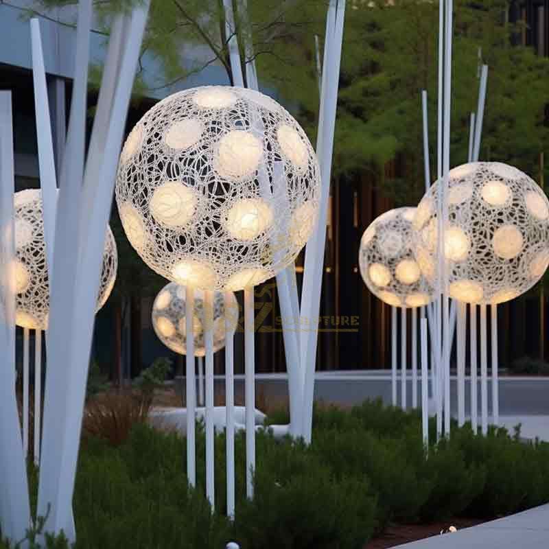 Modern white metal garden sphere art sculpture with light flower stand design DZ-455