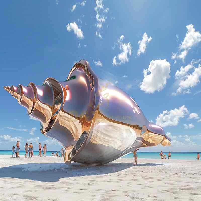 Large abstract metal conch shell sculpture on beach DZ-490