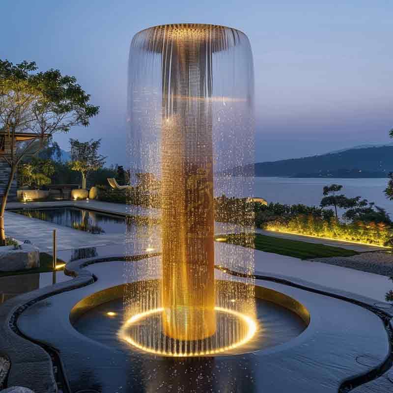 Large outdoor metal cylindrical fountain sculpture water curtain effect DZ-495