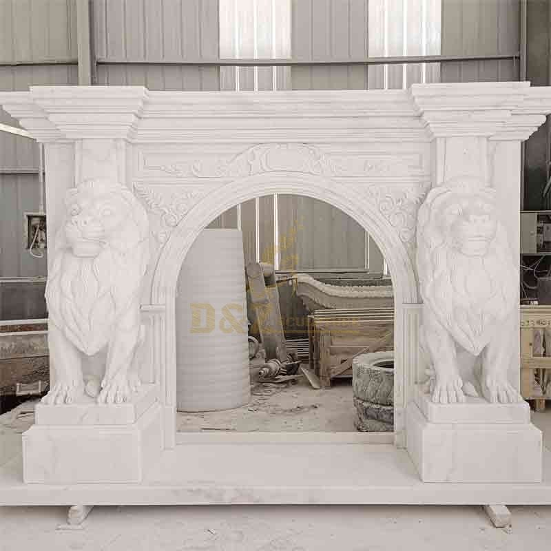 Indoor White Marble Lion Fireplace Sculpture For Sale DZ-501