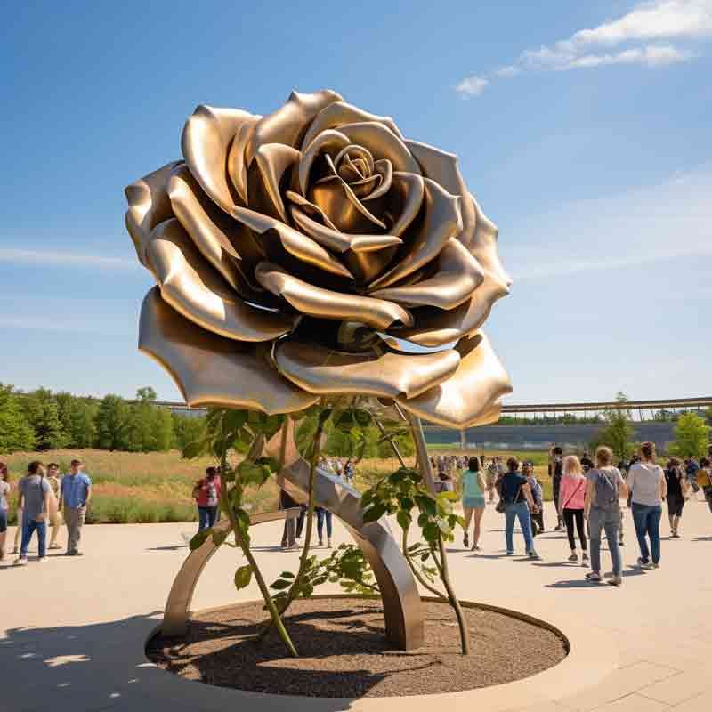 large metal rose sculpture golden yellow