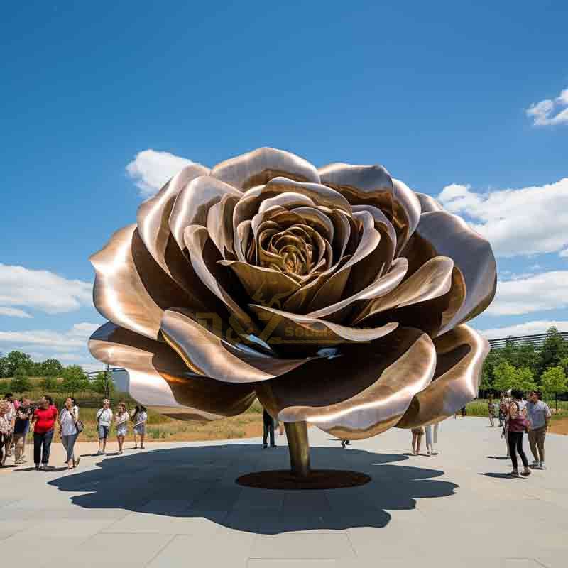 large metal rose sculpture golden yellow