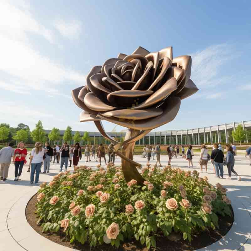 large metal rose sculpture golden yellow