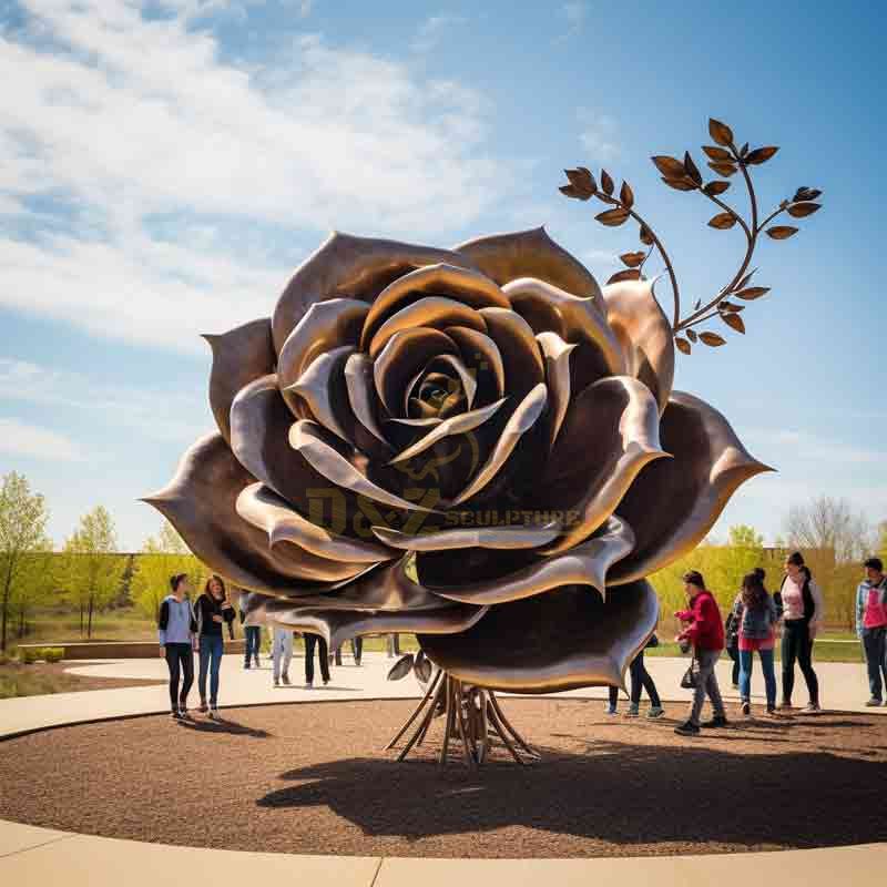 large metal rose sculpture golden yellow