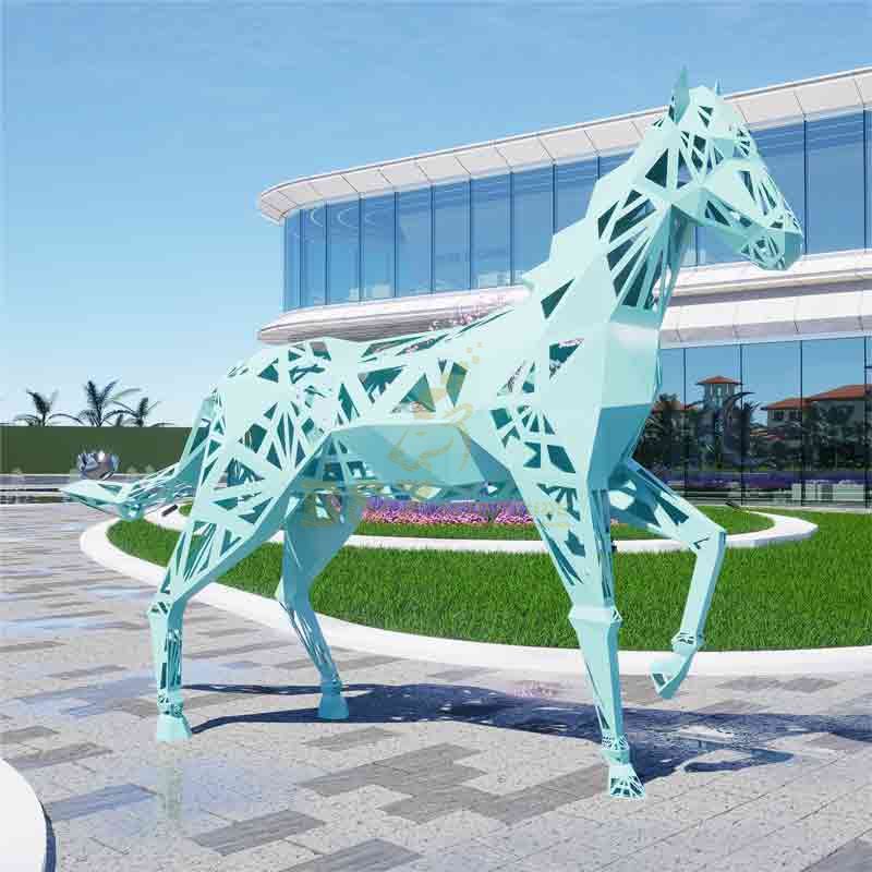 Large outdoor geometric abstract metal horse sculptures for sale light blue DZ-517