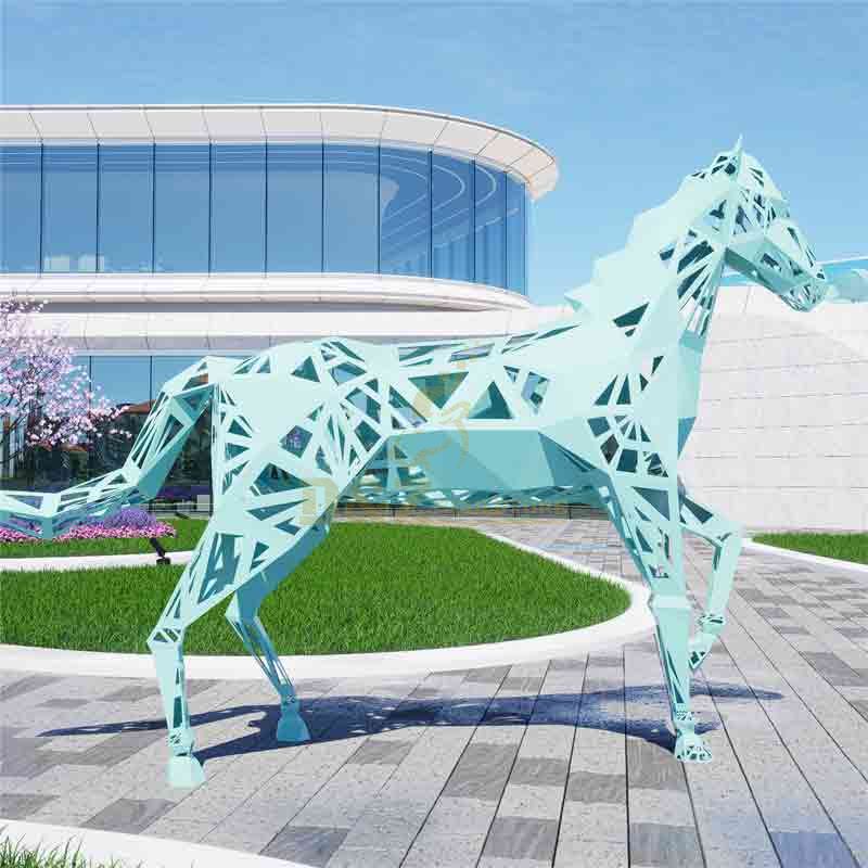 Large outdoor geometric abstract metal horse sculptures for sale light blue DZ-517