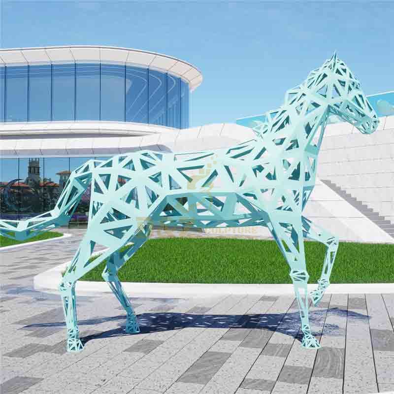 Large outdoor geometric abstract metal horse sculptures for sale light blue DZ-517