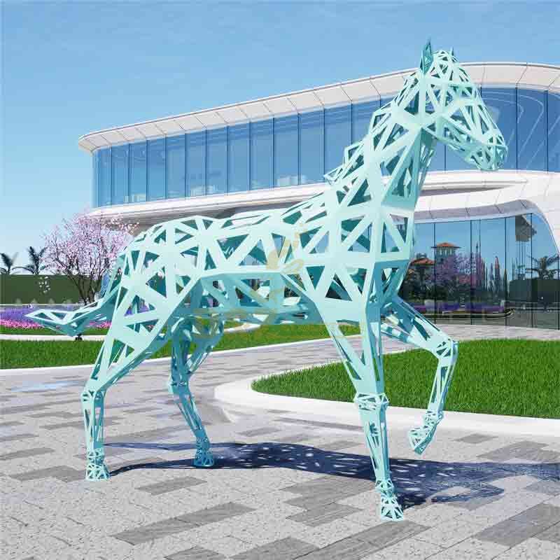 Large outdoor geometric abstract metal horse sculptures for sale light blue DZ-517