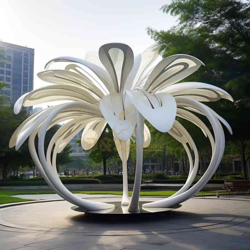 White abstract giant metal flower sculpture pavilion in the garden