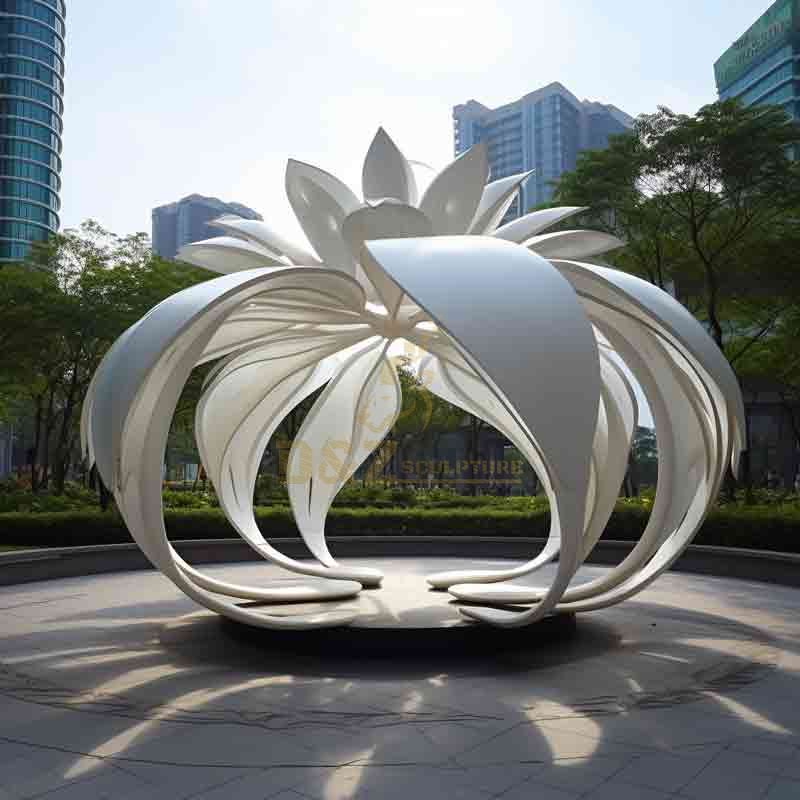 White abstract giant metal flower sculpture pavilion in the garden