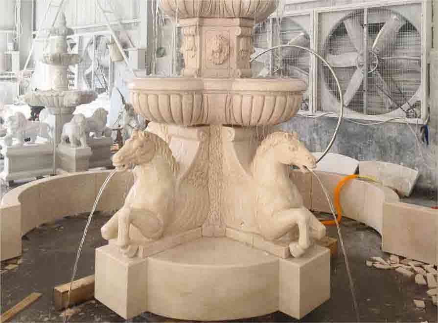 Three stone horse fountain sculptures: large outdoor multi-layered flower pond design with lights