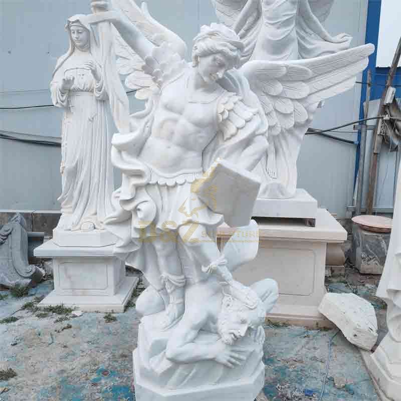 White marble Archangel Michael and devil statue for sale DZ-531