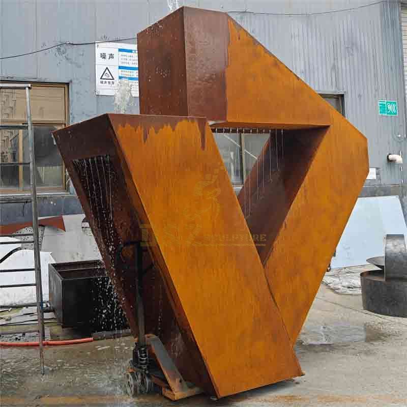 Custom Corten Steel Geometric Outdoor Fountain Sculpture DZ-535