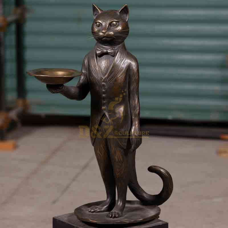 bronze standing cat butler with tray statue