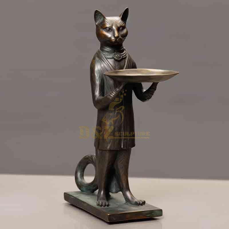 bronze standing cat butler with tray statue