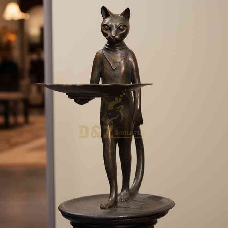 bronze standing cat butler with tray statue