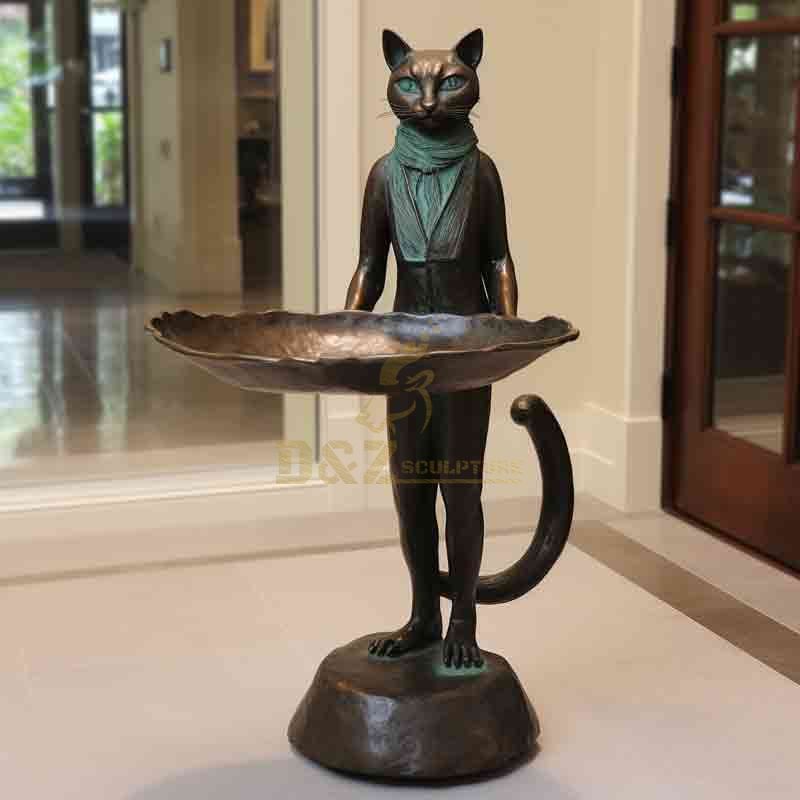 bronze standing cat butler with tray statue