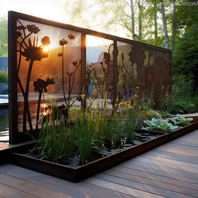 Garden Corten Steel Privacy Screen Sculpture with Flower Pond for Sale DZ-548