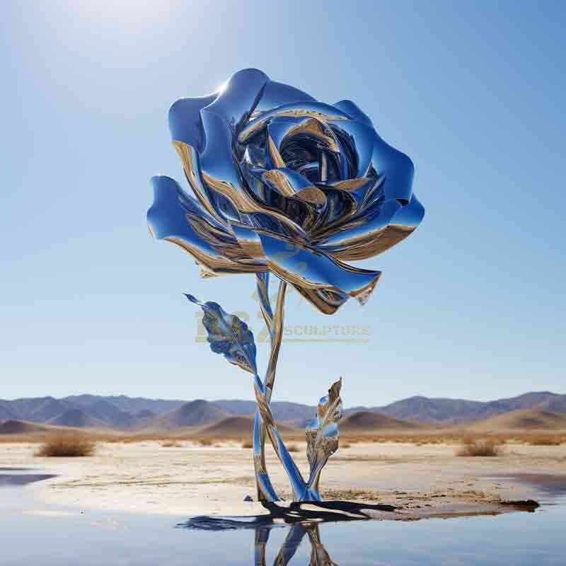 Large Blue Metal Rose Sculpture: Dream Journey of Love 