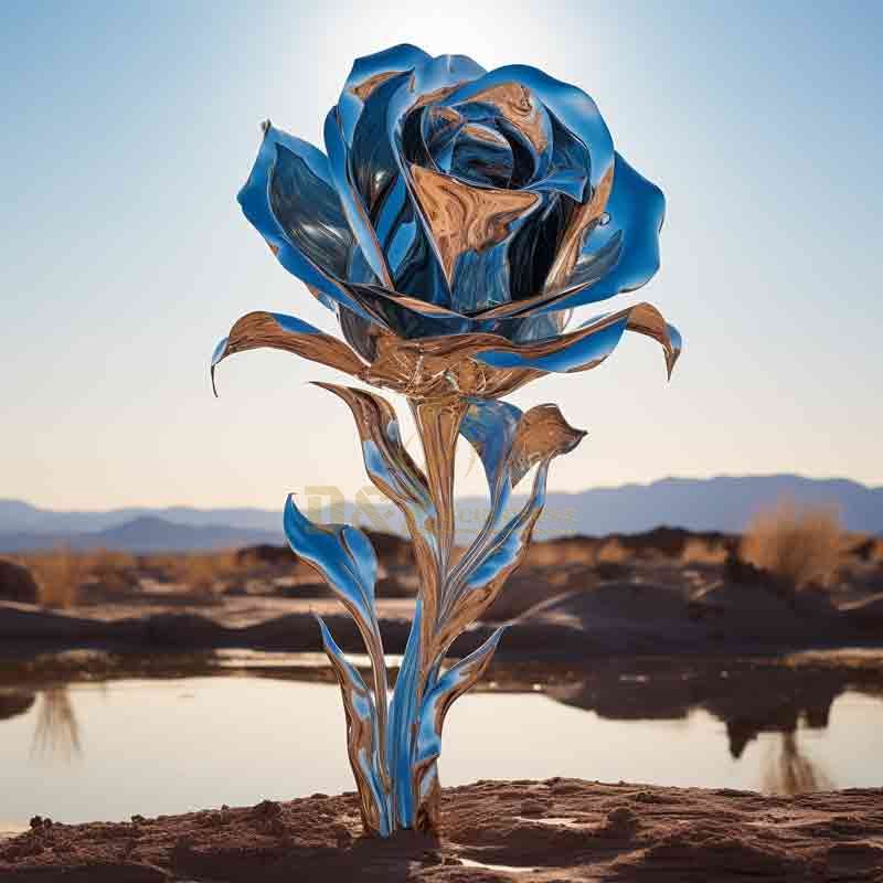 Large Blue Metal Rose Sculpture: Dream Journey of Love 