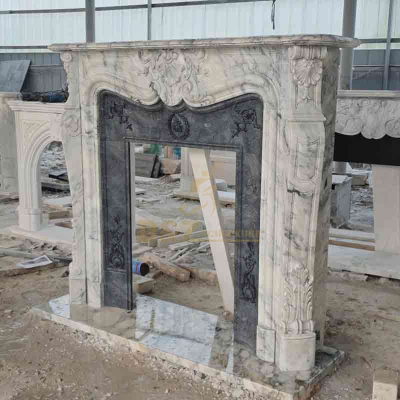 Custom Marble Fireplace Mantel Surround Sculpture with Flower Decorations DZ-566