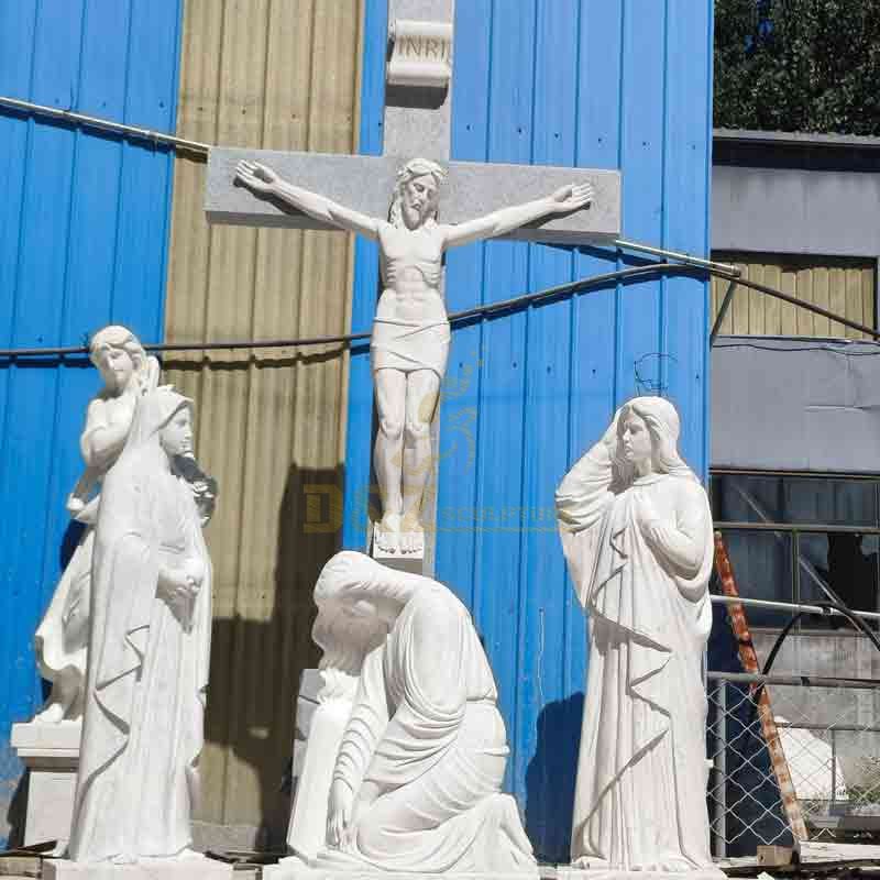 Large outdoor marble Jesus Crucifixion sculpture Jesus cross and saints memorial sculpture