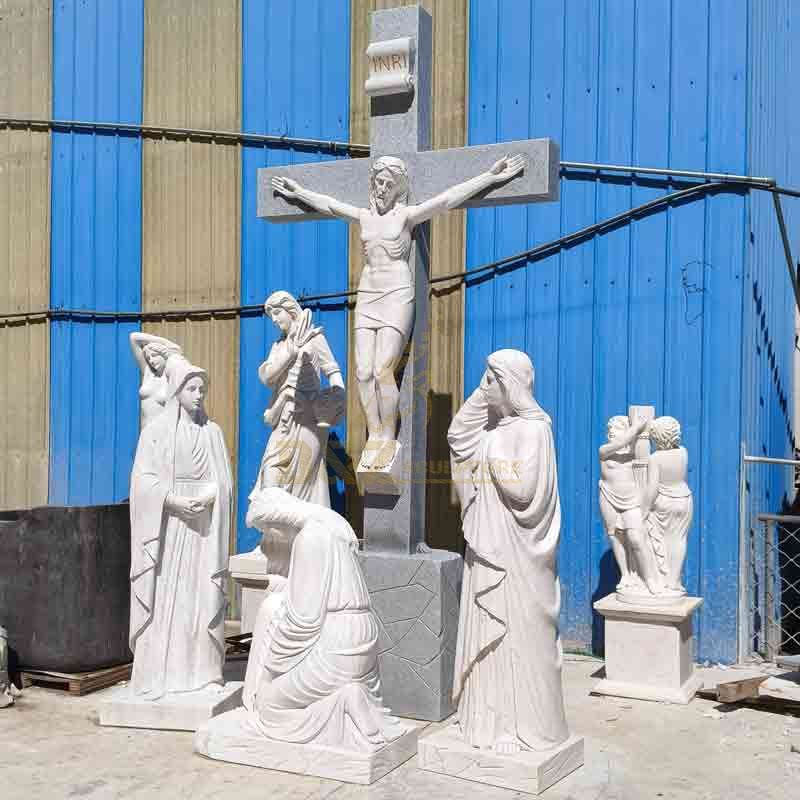 Large outdoor marble Jesus Crucifixion sculpture Jesus cross and saints memorial sculpture