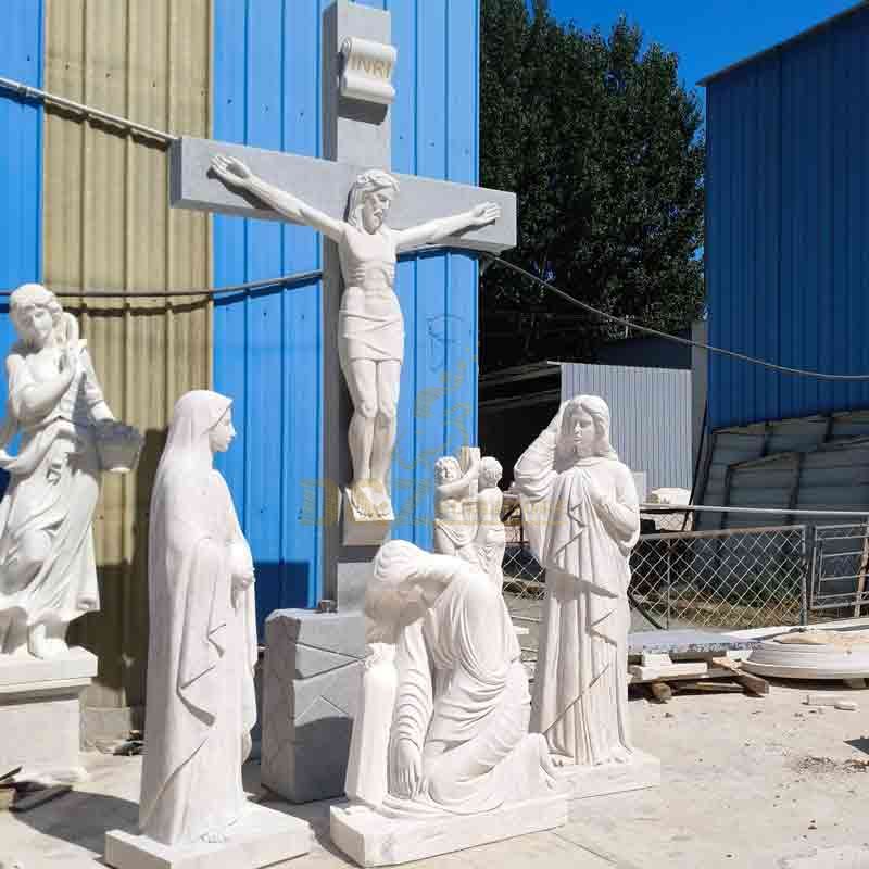 Large outdoor marble Jesus Crucifixion sculpture Jesus cross and saints memorial sculpture