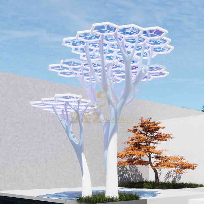 White Large Metal Tree Sculpture Geometric Abstract Tree Landscape Sculpture DZ-588