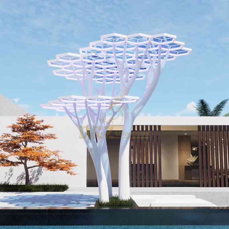 White Large Metal Tree Sculpture Geometric Abstract Tree Landscape Sculpture DZ-588