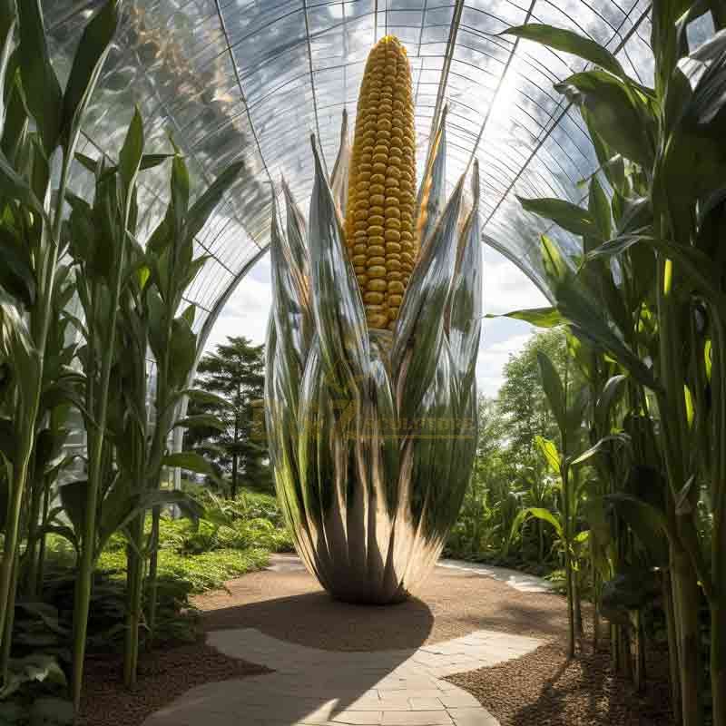 Custom giant stainless steel corn sculpture: farm field art installation