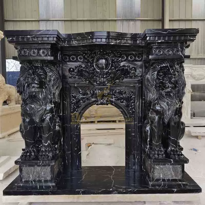 Nero Marquina Fireplace Mantel with Lion Statues DZ-646