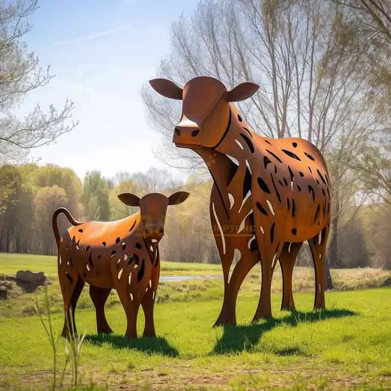 Large corten steel cow sculpture family on the grass DZ-656