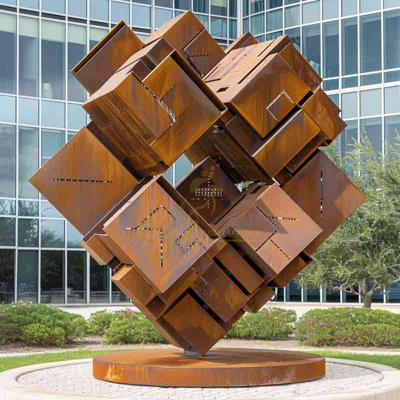 Large Corten Steel Abstract Geometric Sculpture Cube DZ-662