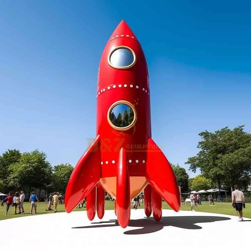 Large red cartoon metal rocket sculpture playground decor DZ-689