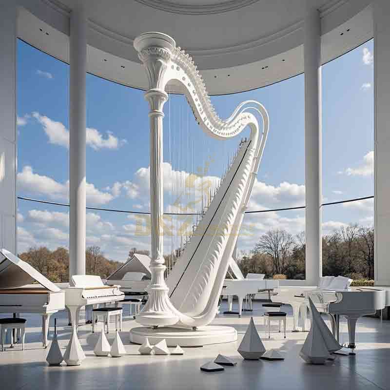 Large white harp sculpture in modern concert hall