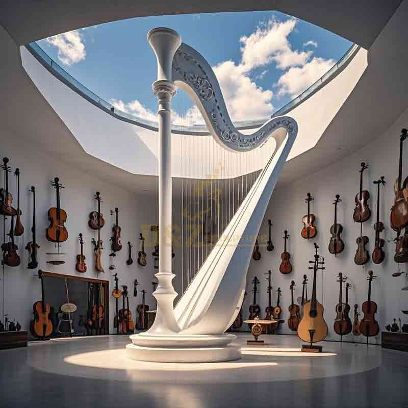 White large harp sculpture musical instrument art exhibition hall