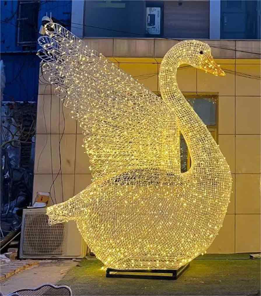 Pair of giant LED metal wire swan sculptures for sale DZ-399