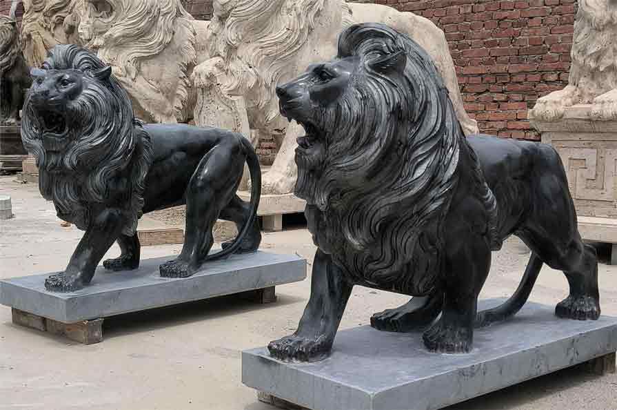 Pair of life size black marble roaring lion statues for sale DZ-426