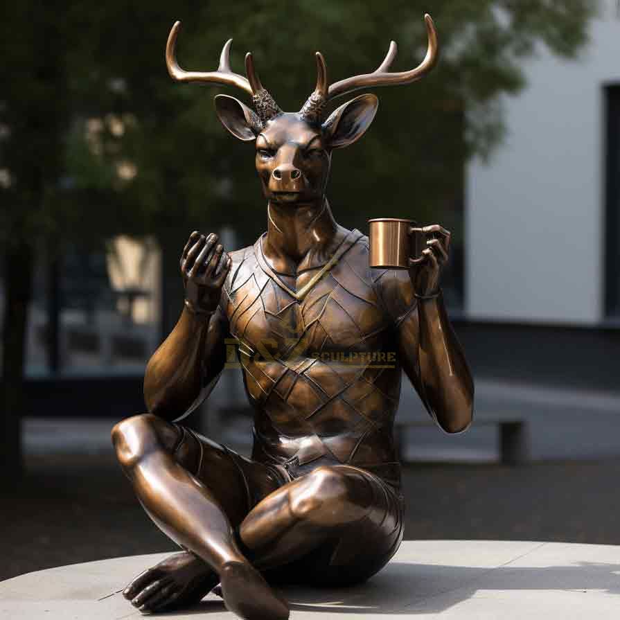 High quality abstract deerman with coffee bronze statue for sale